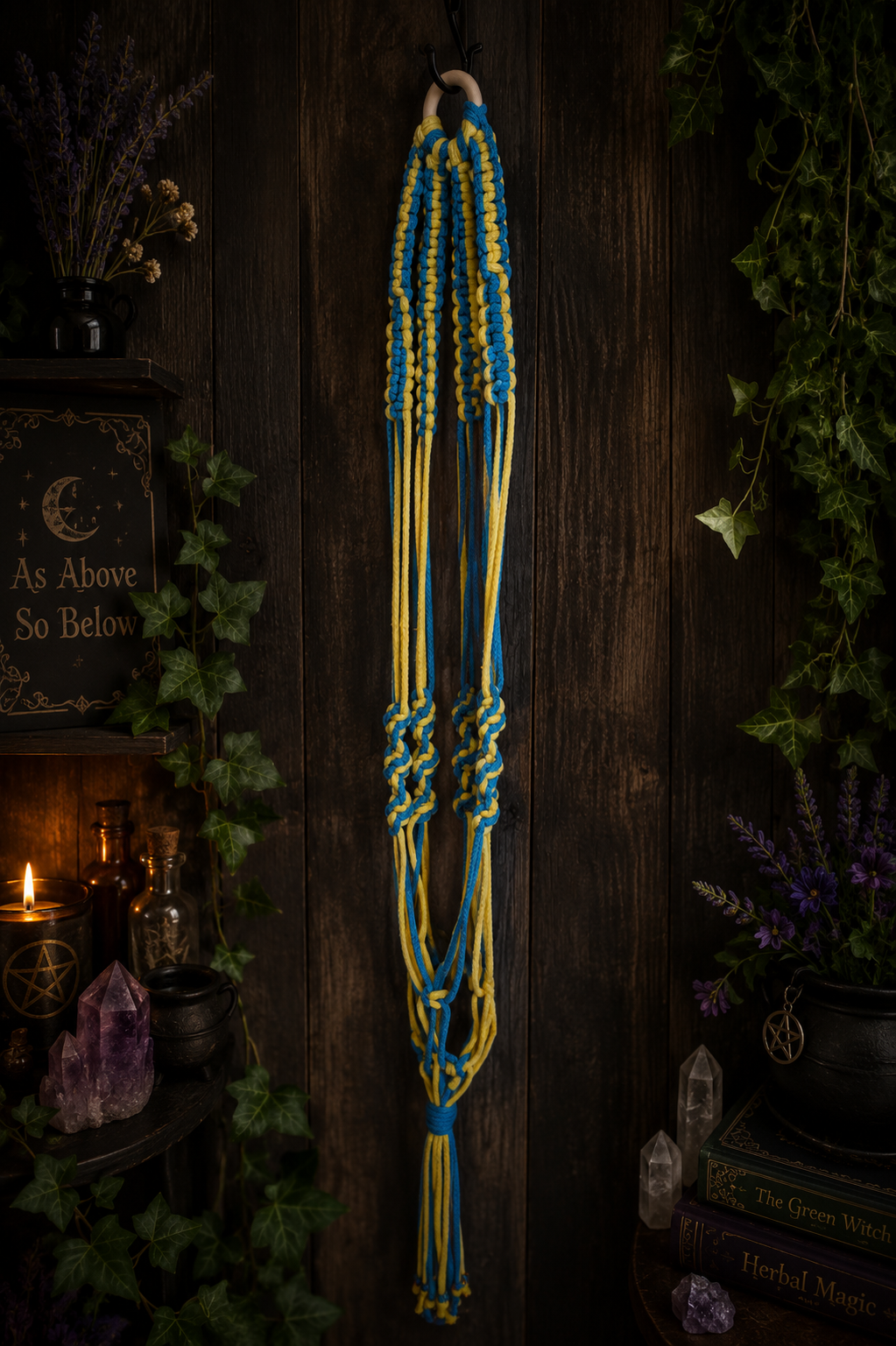 Handmade blue and yellow macrame plant hanger by Whispering Witches displayed against a dark witchy botanical background
