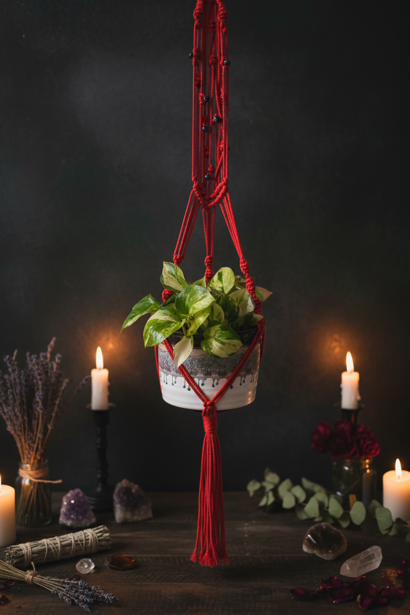 Enchanted Vine Macramé Hanger No. 1 — Red with Beads Enhanced