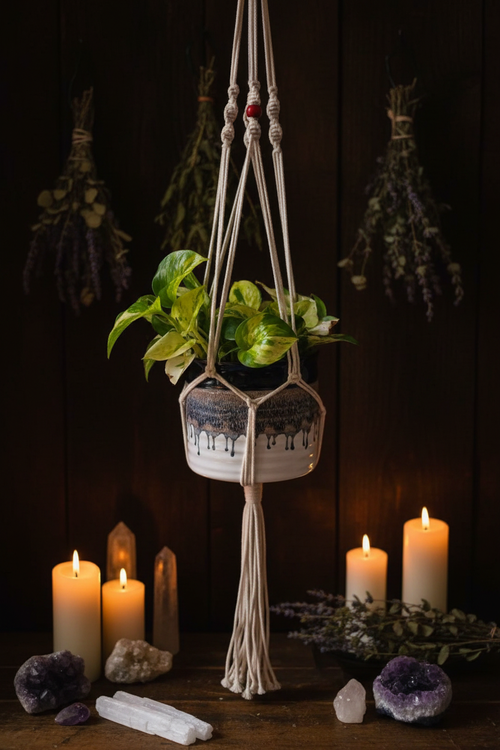 Enchanted Vine Macramé Hanger No. 2 — Cream with Red Beads