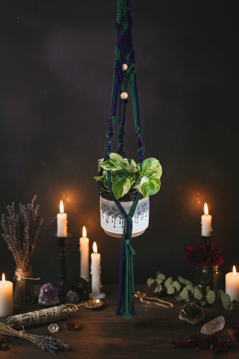 Enchanted Vine Macrame Plant Hanger- Navy Blue & Forest Green Enhanced