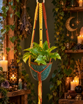 Yellow and rust macramé plant hanger holding a green potted plant in a warm witchy botanical setting