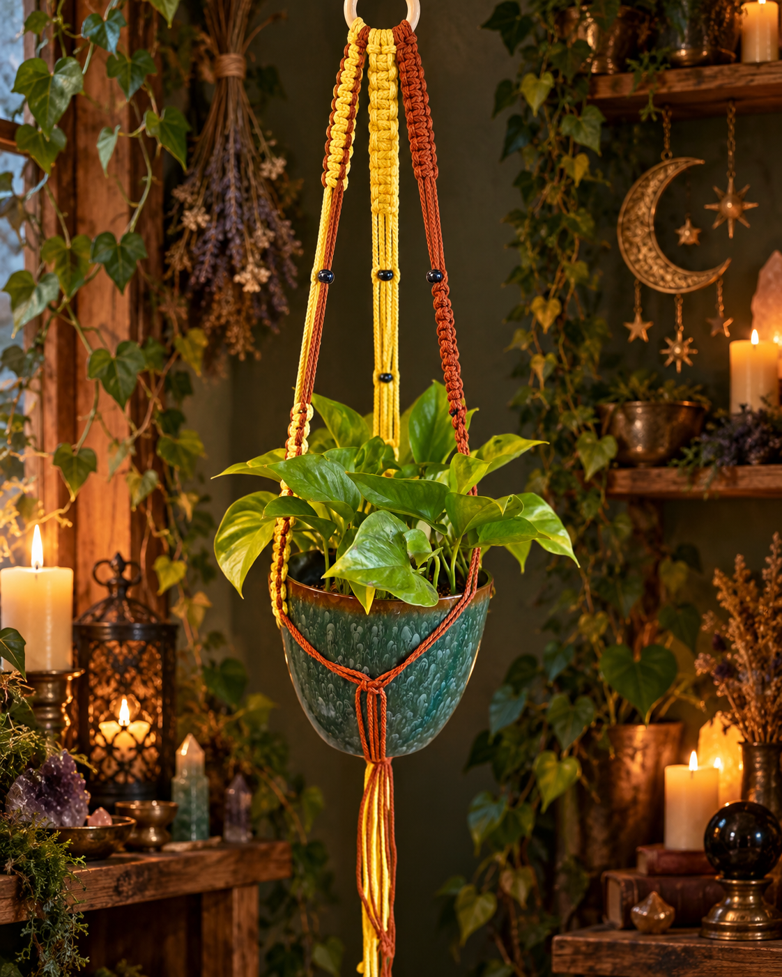 Yellow and rust macramé plant hanger holding a green potted plant in a warm witchy botanical setting