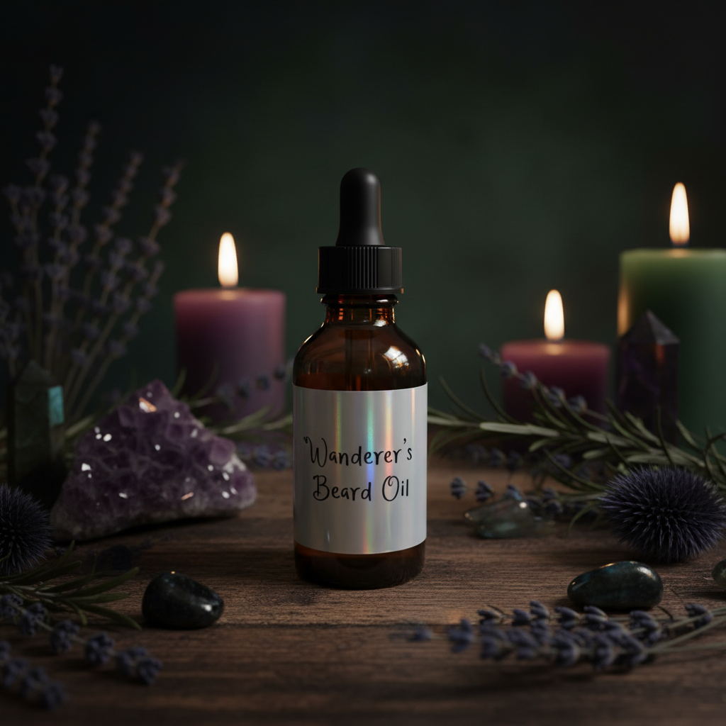 Wanderer's Beard Oil with witchy botanical background