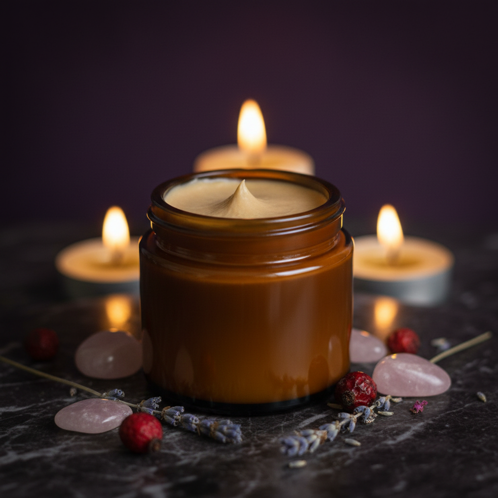 Timeless Spell Cream - close up of golden cream texture in amber jar