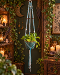 Turquoise and white macramé plant hanger with wood beads holding a green potted plant in a witchy botanical setting