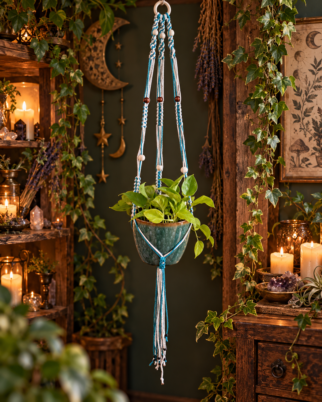 Turquoise and white macramé plant hanger with wood beads holding a green potted plant in a witchy botanical setting