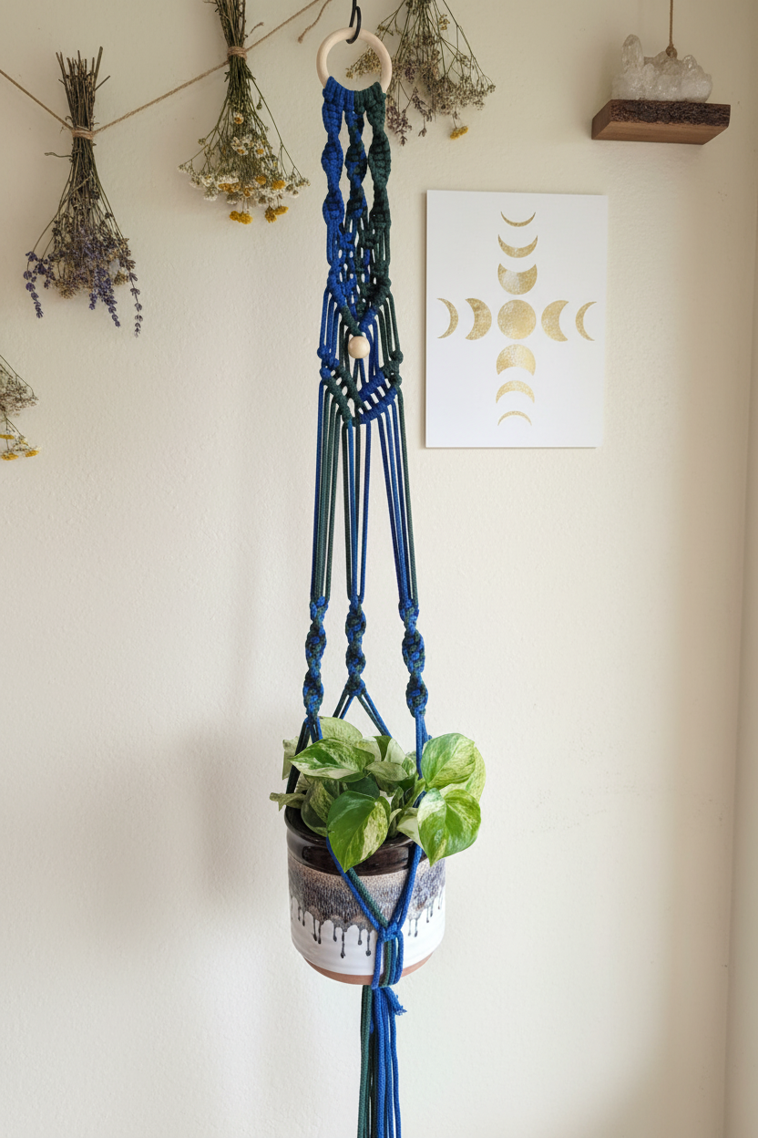 Navy & Forest Green Macramé — Light Witchy Botanical Background
