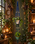 Double macramé plant hanger with blue and forest green cord holding two potted plants in a witchy botanical setting